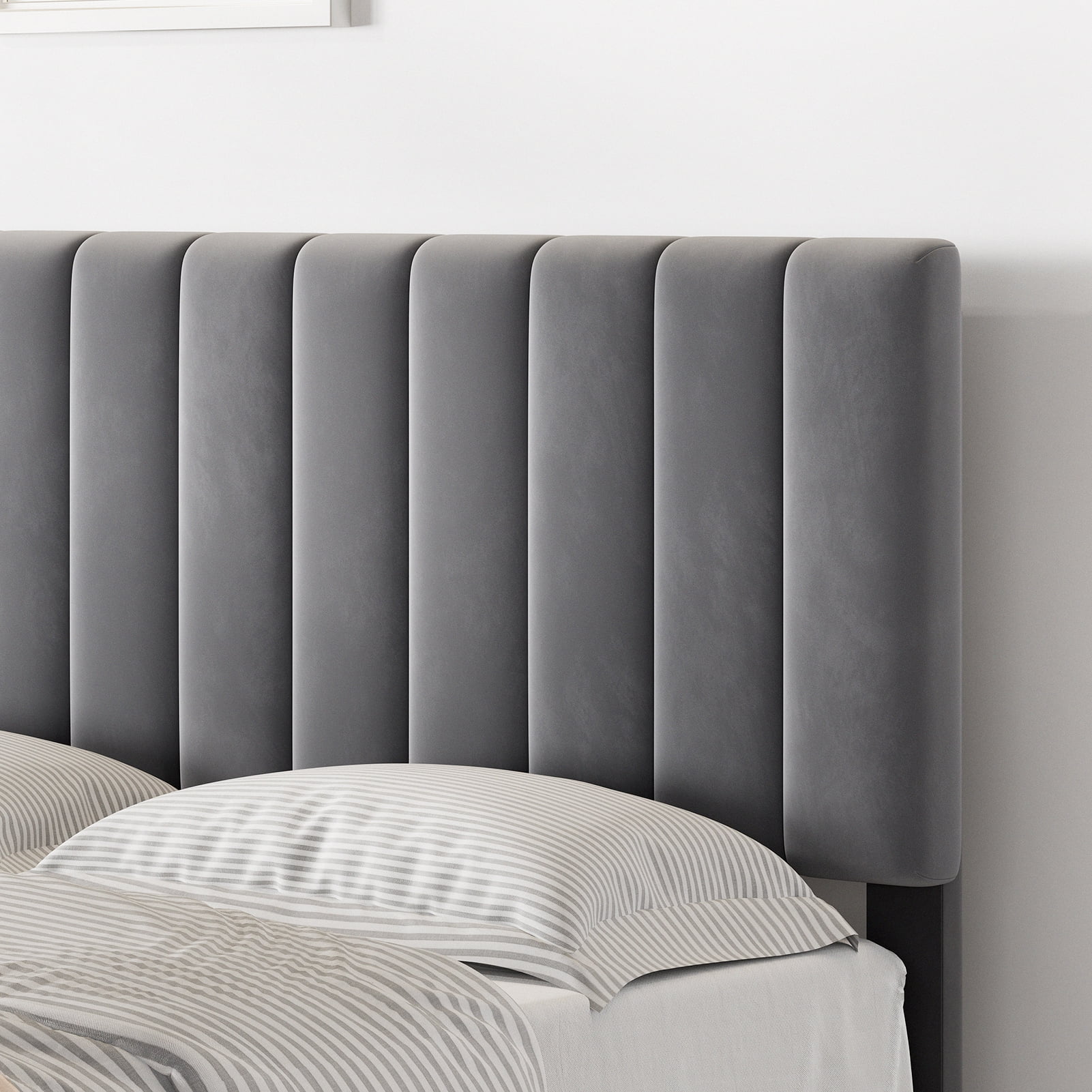 COZONY Queen Bed Frame with Velvet Upholstered Headboard, Sturdy Wood Slats Support,80.7*60.2*46.1", No Box Spring Needed, Noise-Free, Easy to Assemble, Gray