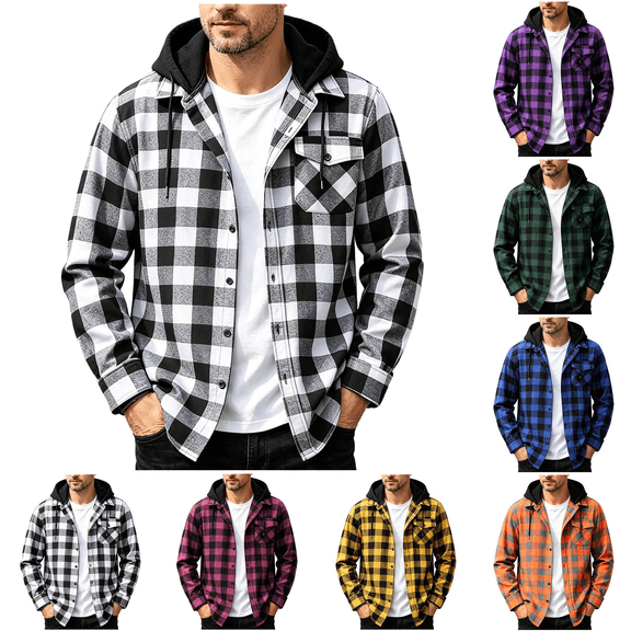 Flannel Shirt for Men Casual Long Sleeve Button Plaid Shirts Jackets Hooded Tops with Pocket for Outdoor Daily Wear