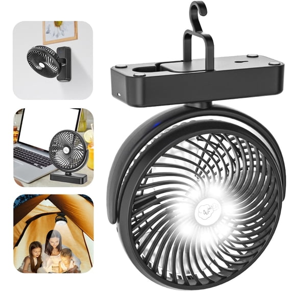 Portable Camping Tent Fan Rechargeable 10000mAh Battery Operated Fan with LED Light 360° Rotating 3 Speed Small Desk Fan with Foldable Hang Hook and Mount Hole
