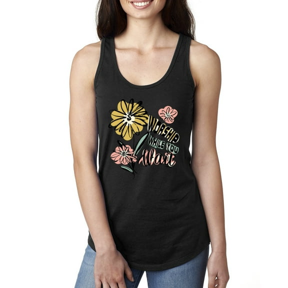 Wild Bobby Worship While You Wait Sunflower Pink and Yellow Inspirational/Christian Women Racerback Tank Top, Black, Small