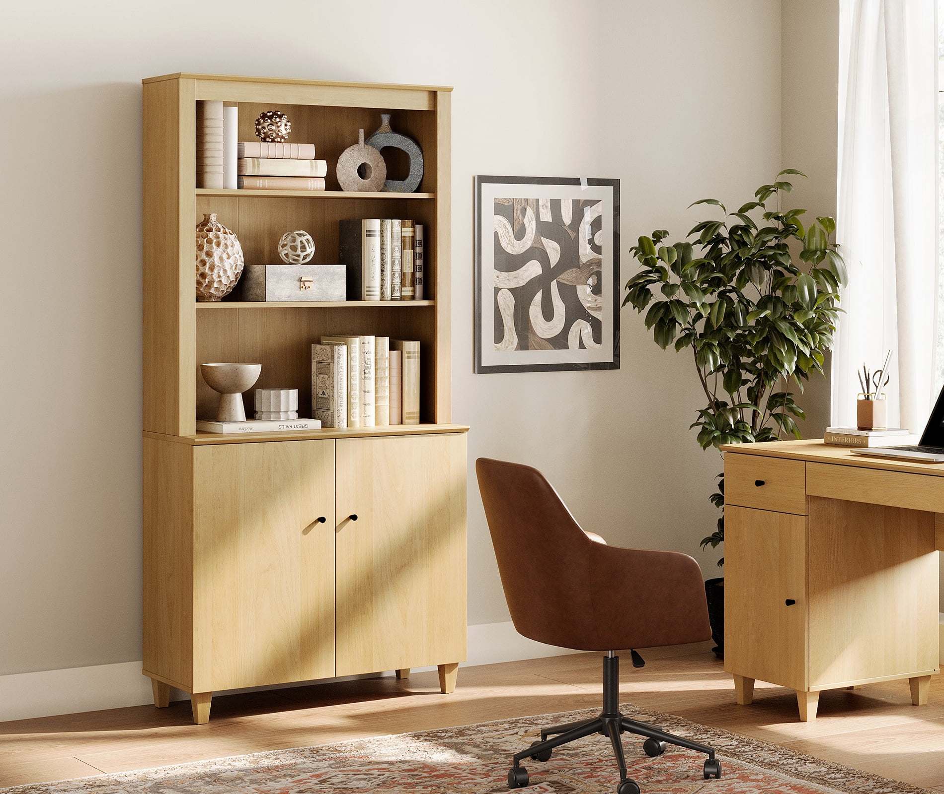 Modern 71" Tall Bookcase with Doors & Storage Cabinet for Home Office,Oak Wood
