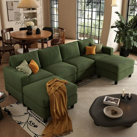 AENKYO U-Shaped Sectional Sofa Couch with 2 Ottomans, Convertible 4-Seat Living Room Furniture with Removable Cushions, Green