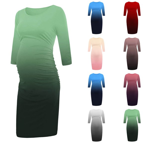 Jinhomg Fashion Pregnancy Dress for Women 3/4 Sleeve Gradient Color Bodycon Dress Slim Fit Comfy Crew Neck Midi Maternity Dresses Prime Day 2025 Blue L