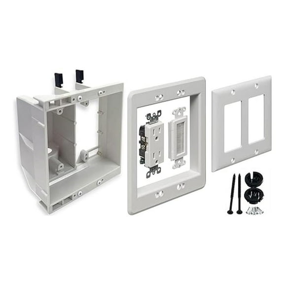 TV Box Recessed Outlet Wall Plate Kit - 2-Gang, White - Cable Management for TVs, Home Theater - Power & Coaxial Cable Concealment