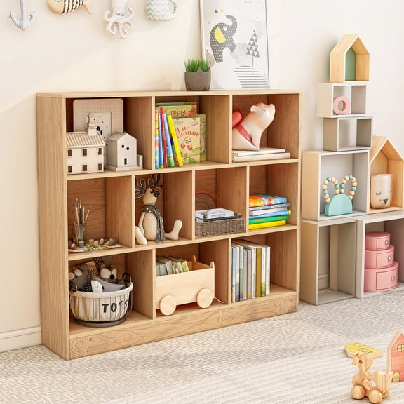 Giantex 10-Section Toy Storage Organizer for Books Toys, Wooden Storage Cabinet, Kids Bookshelf, Natural