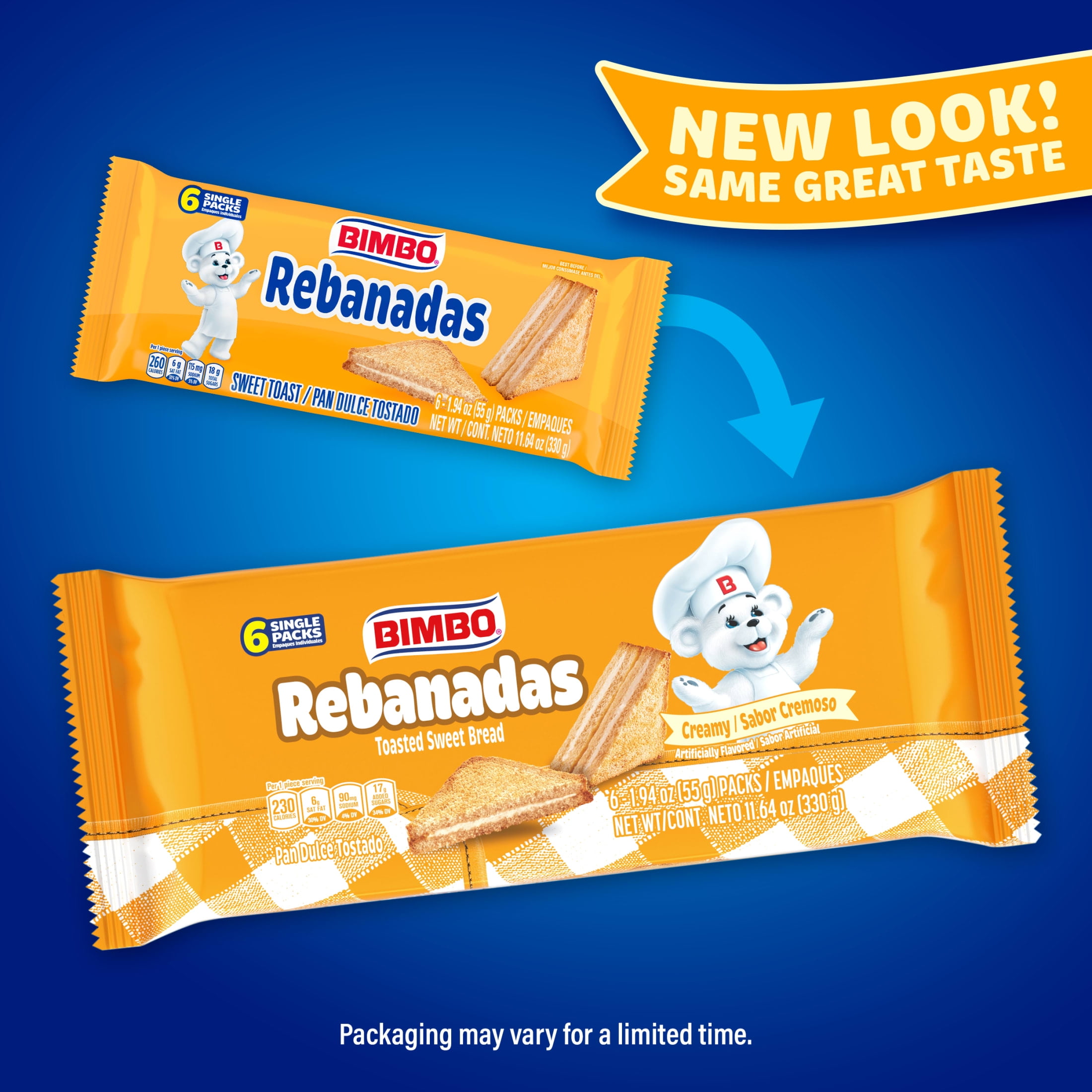 Bimbo Rebanadas Creamy Toasted Sweet Bread, 6 packs, Sweet Cream Filled Sandwiches, 11.64 oz Bag