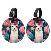 Alpaca 2pcs PU Leather Round Bag Tags with Privacy Cover and Name ID Tag - Suitcase Tags for Travel Luggage, Handbags, Backpacks, School Bags