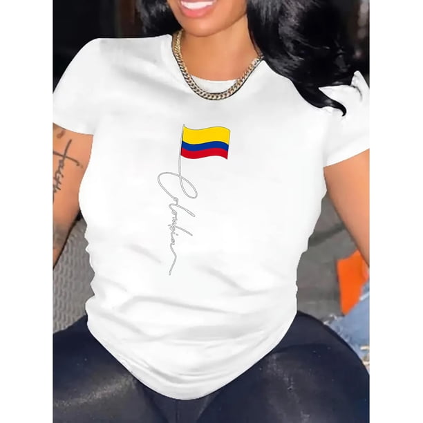 Camiseta De Mujer Ligera Y Suave VeranoWomen's Fashion Casual Round Neck Short Sleeve T-Shirt, Patriotic Flag Line Print, Comfortable Summer Top, Knitted Polyester Fabric, All-Season, Ladies Leisure