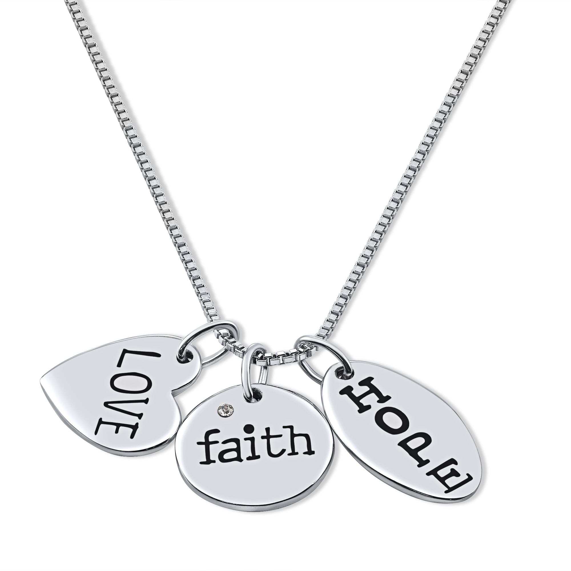 Tilo Jewelry 925 Sterling Silver Love Faith Hope Christian Pendant Necklace with Cubic Zirconia CZ Stone for Women & Unisex | 18 Inch Cable Chain
