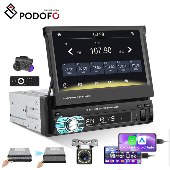 Podofo Universal 7" HD Touchscreen Car Stereo Radio with Apple Carplay Android Auto Mirror Link Backup Camera