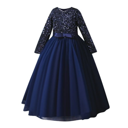

Efsteb Children Girls Dress Cute Fashion Princess Dress Long Sleeve Sequin Mesh Splicing Wedding Toddler Girl Dress Navy 8-9 Years