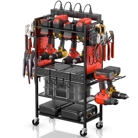 CCCEI Power Tool Organizer Cart with Charging Station, Garage Floor Rolling Storage Large Cart on Wheels for Mechanic, Mobile 6 Drill, Tool Box Utility Cart with Battery Charging Power Strip, Red. C40