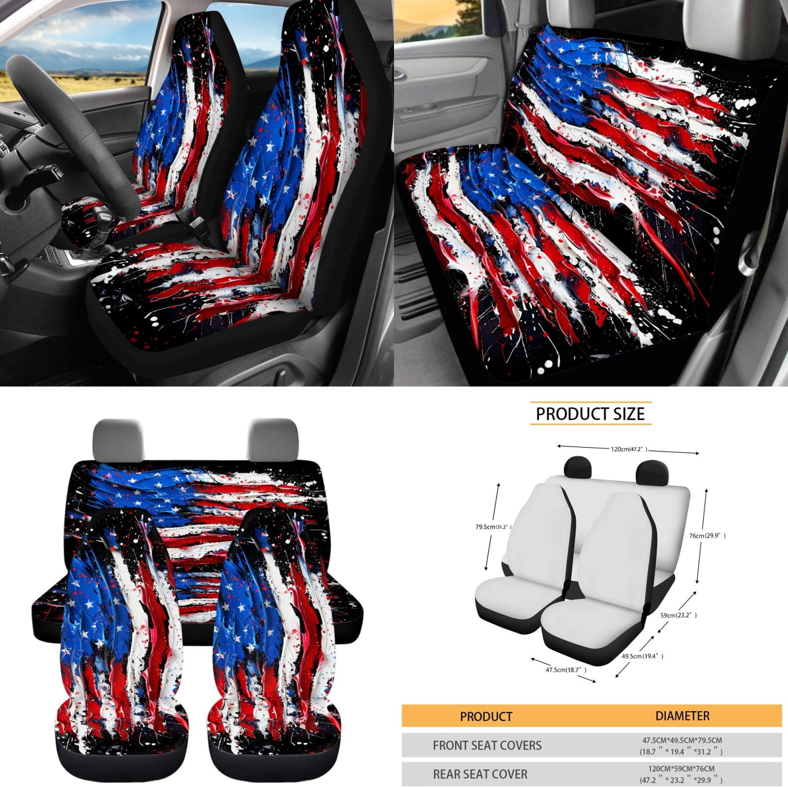 Yuyamidu American Flag Car Seat Covers Front Back Seat Cover Full Set Patriotic Car Steering Wheel Cover Safe Belt Pads Coasters Keychain 12 PCS