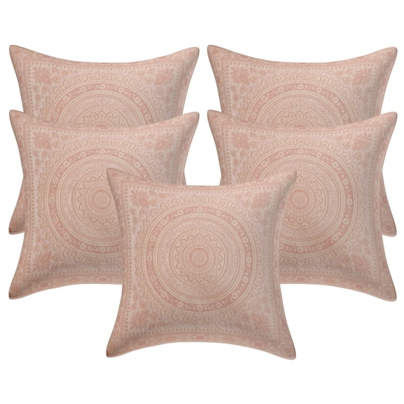 Stylo Culture Ethnic Brocade Home Decor Throw Pillow Covers White 16x16 Traditional Jacquard Weave Gold Couch Cushion Covers 40 x 40 cm Polydupion Silk Mandala Square Pillowcases | Set Of 5