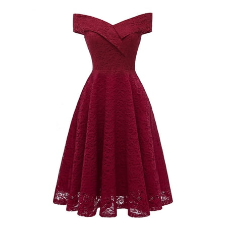 Topcobe Cocktail Dress for Women, Women's Off Shoulder Vintage Summer Dresses for Ladies, TC-CH4367WRS Wine Red Floral Lace Boat Neck Formal Swing Dress for Juniors, S-2XL