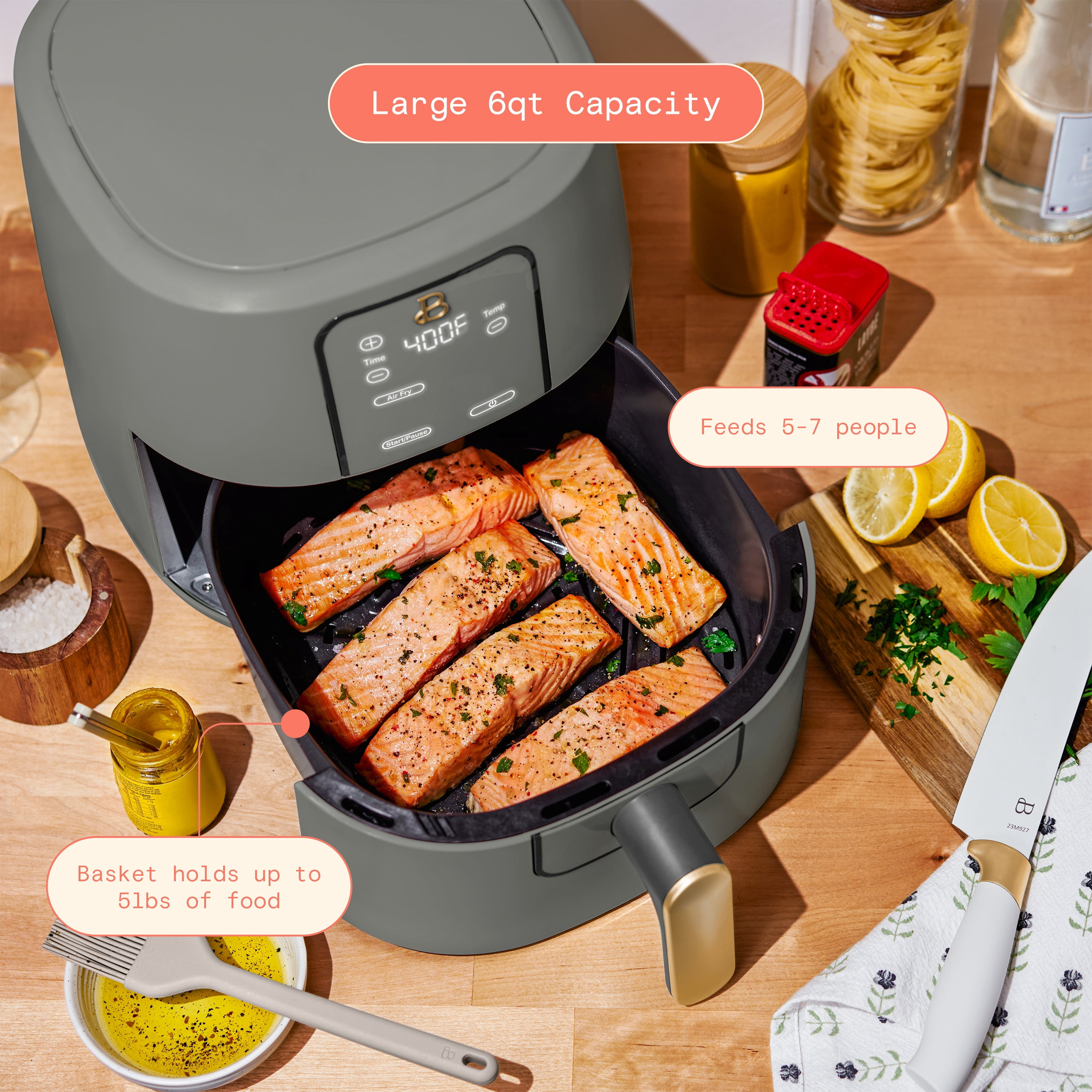 Beautiful 6 Qt Air Fryer with TurboCrisp Technology, EverGood Ceramic Nonstick Coating, Oyster Grey by Drew Barrymore