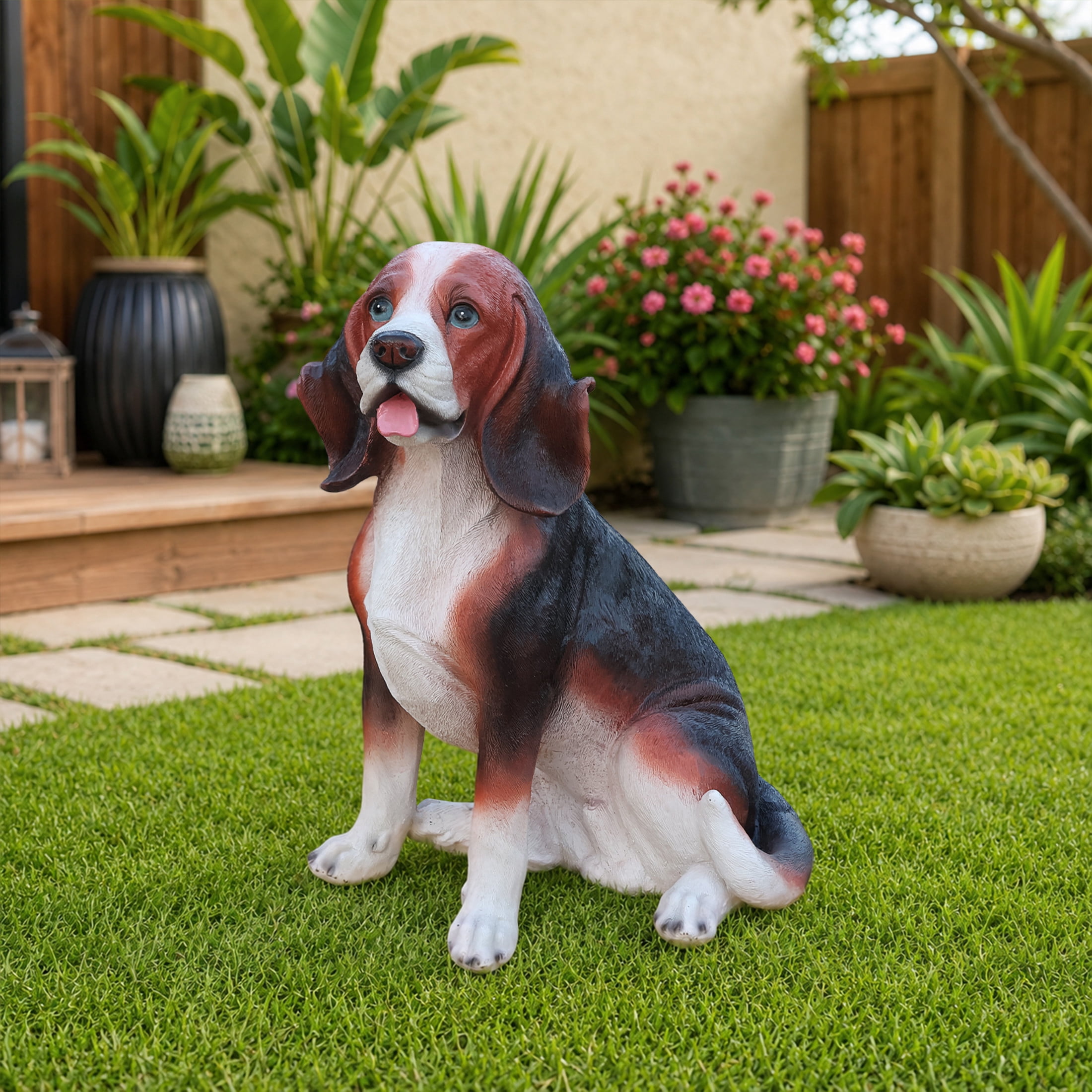 Noble House Lifelike Sitting Beagle Dog Statue, Realistic Resin Animal Figurine for Outdoor Garden Decor, Multicolor