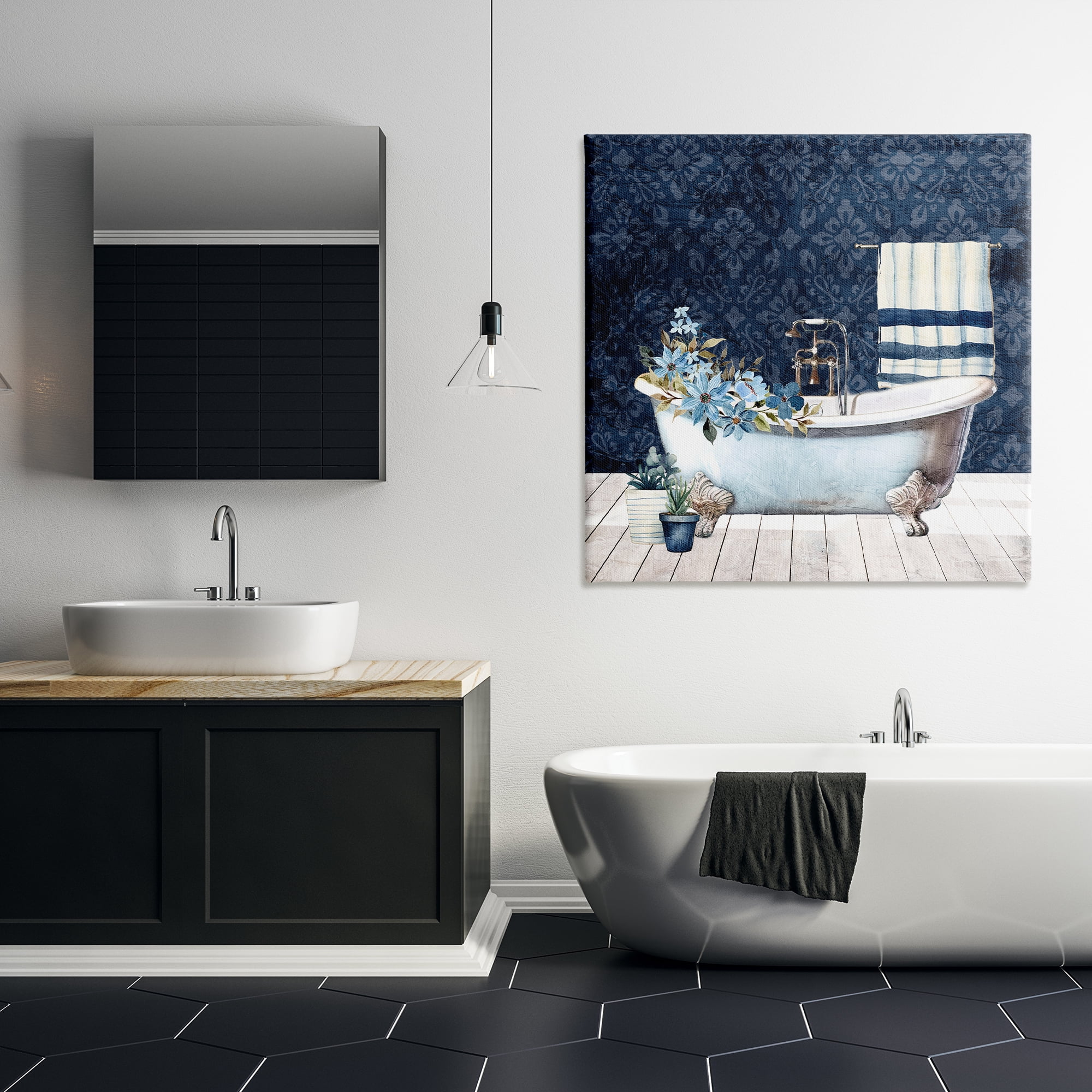Stupell Industries Blue Damask Bathroom Bath & Laundry Painting Wrapped Canvas Art Print Wall Art, 36 x 36
