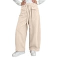 thumbnail image 3 of CQONEPT Girls' Cotton Pant with Pockets Wide Leg Baggy Fashion Pant Elastic Waist Solid Comfy School Trousers 2-14 Years Beige 9-10 Years, 3 of 6
