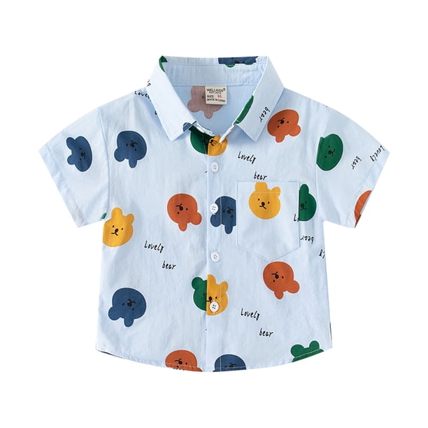 Gibobby blusas de cuello Camisetas de manga corta con estampado de cuadros a rayas para bebés y niños, camisetas informales con , camisetas tropicales con botones(Aqua, 18-24 Meses )