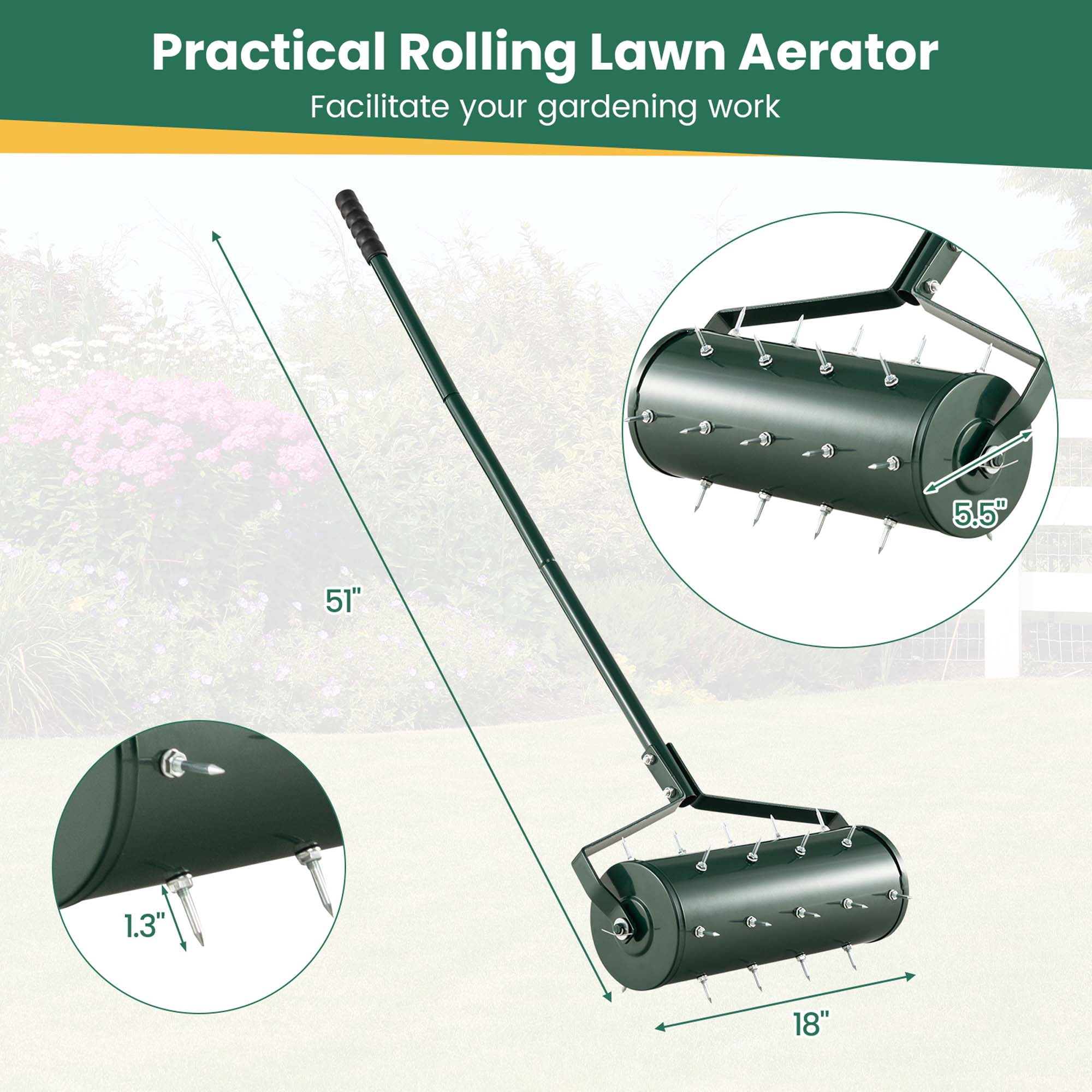 Costway 18" Manual Lawn Aerator Heavy Duty Rolling Push Grass Filled with Sand or Stone Aeration Tool with Handle Green