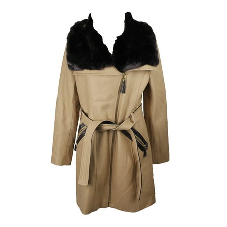 Via Spiga Leather Coat - Via Spiga Beige Faux-Fur-Collar Mixed-Media Coat 14