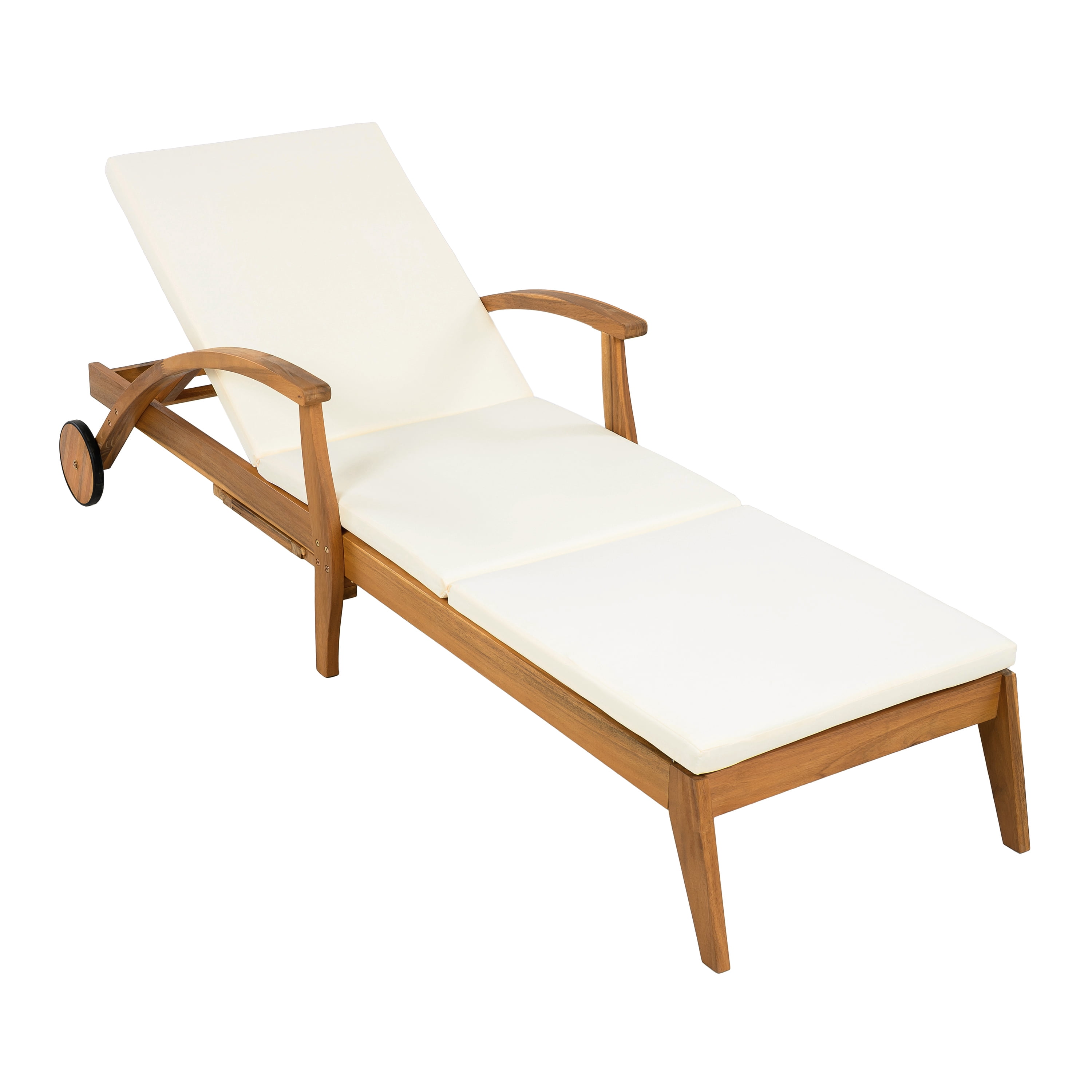 Chaise Lounge with Wheel, Outdoor Acacia Wood Recliner with 2 Inch White Cushion for Patio Garden, Teak