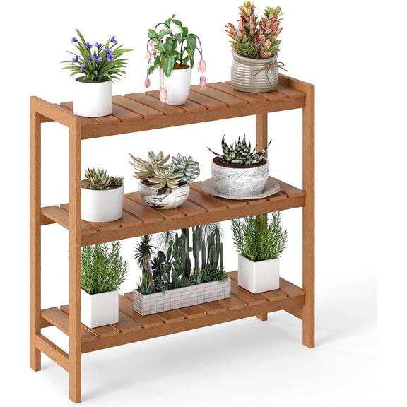 QISHENSHUI 3-Tier Solid Wood Plant Stand, Flowerpot Holder Display Rack w/ Slatted Shelves, Take Oil Finish, Indoor Outdoor Plant Shelf for Patio Garden Balcony Living Room Corner