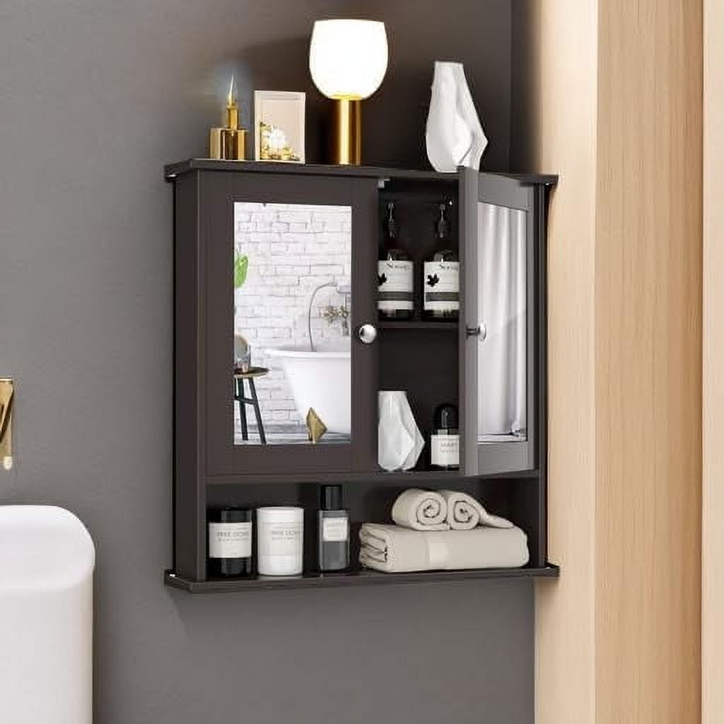 Bathroom Medicine Cabinet with Mirror, Wall Mounted Wooden Hanging Organizer with Doors and Shelves, Bathroom Wall Mirror Cabinet