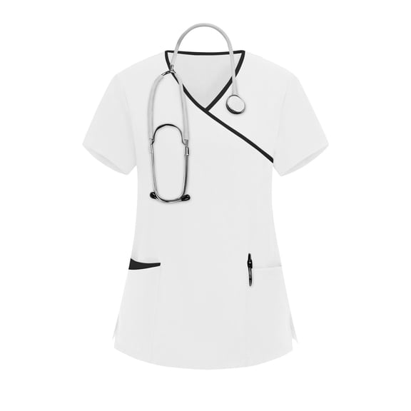 LEKWK Scrub Tops Women Cross V-Neck Contrast Piping Work Tops Short Sleeve Professional Tops Side Tie Waist Medical Nurse Uniform outfits