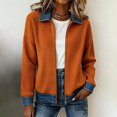 thumbnail image 2 of BODOAO Women's Ribbed Knit Zip Up Jacket, Denim Collar Cuff Patchwork Cardigan, Casual Long Sleeve Bomber Coat for Fall Winter Work, Vacation and Daily Wear Orange 2XL, 2 of 7