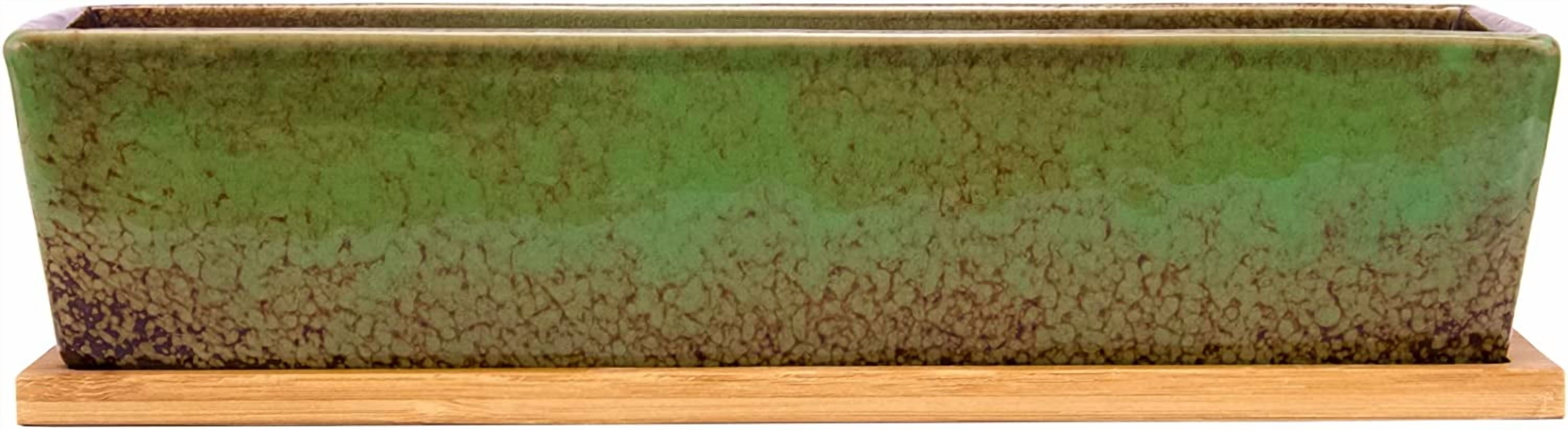 12.1 Inch Large Succulent Planters Pots with Drainage Tray, Long Rectangle Ceramic for Indoor Cactus/Succulent Plants Shallow Bonsai Window Box Home Garden Decor (Green)