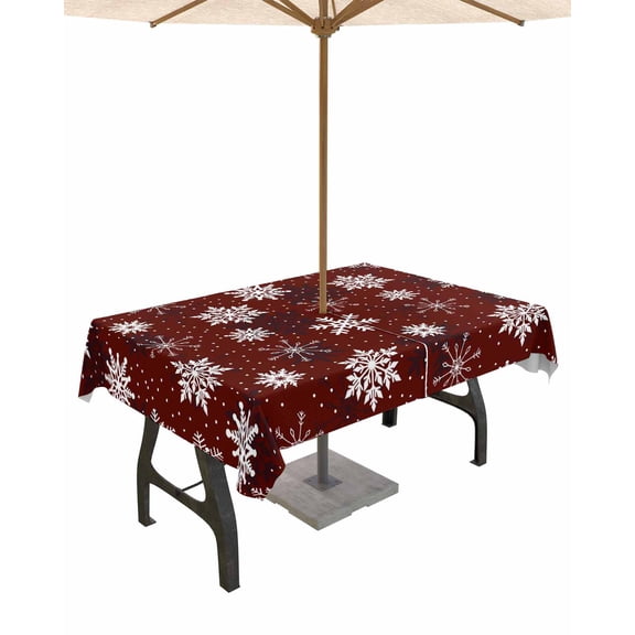 Boanket Outdoor Tablecloth with Umbrella Hole for Patio/Picnic/Party/Camping, Red White Christmas Waterproof Table Cloth Rectangle Table Cover Washable, Xmas Snowflake Winter (54"x 80")