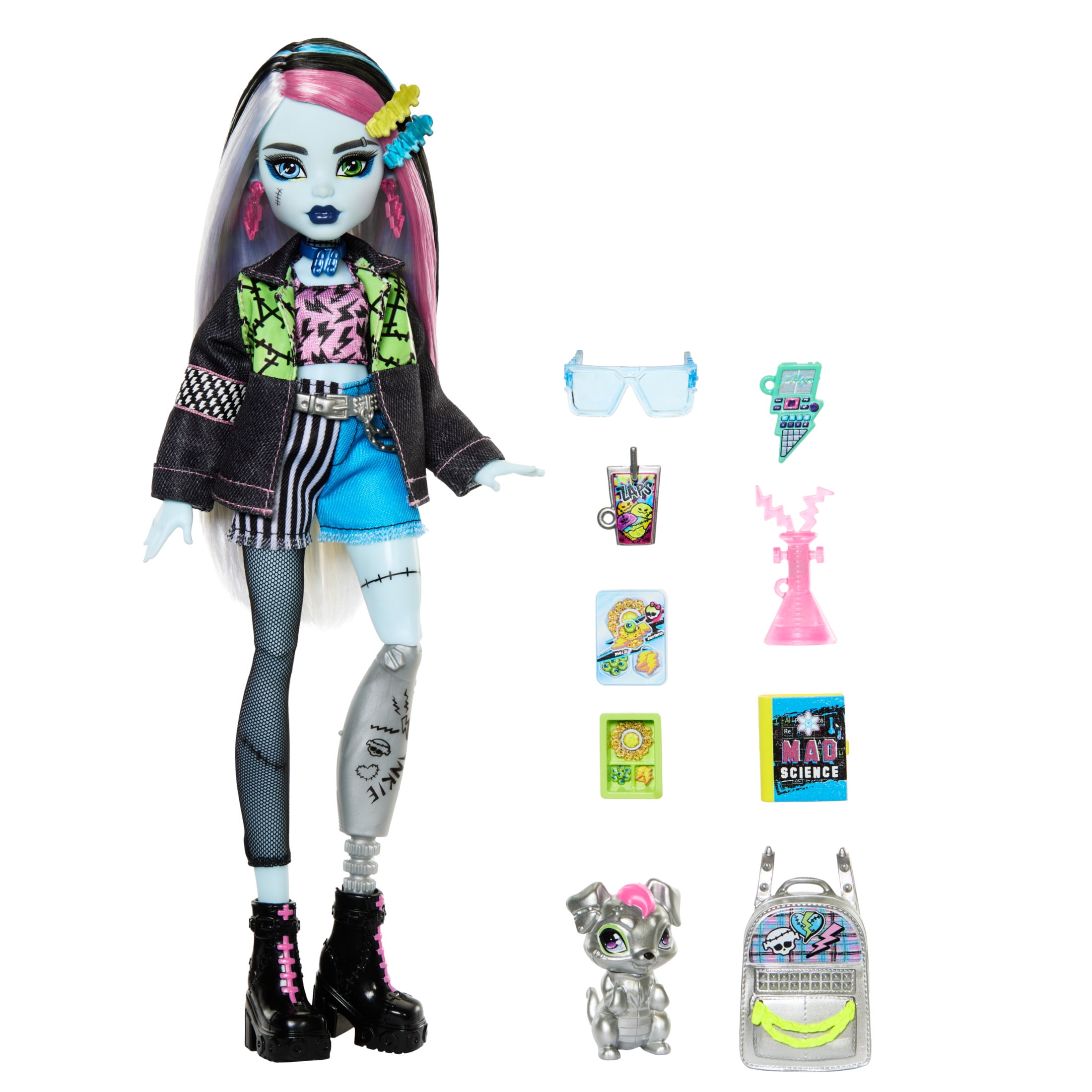 Monster High Frankie Stein Fashion Doll in Denim Jacket with Pet Watzie, Backpack & Accessories
