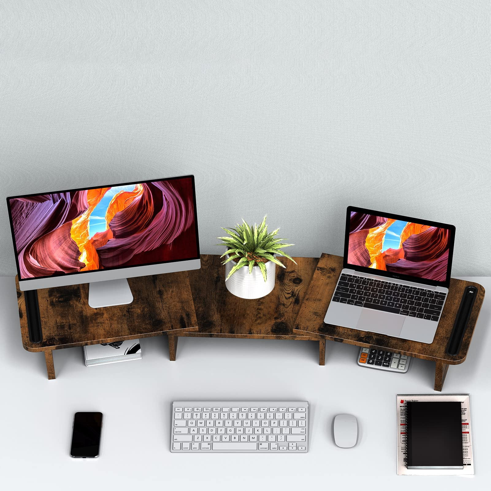 Dual Monitor Stand Riser  With Adjustable Length And Angle Wood For Desk 2 Monitors Storage Space(rust Brown Large)