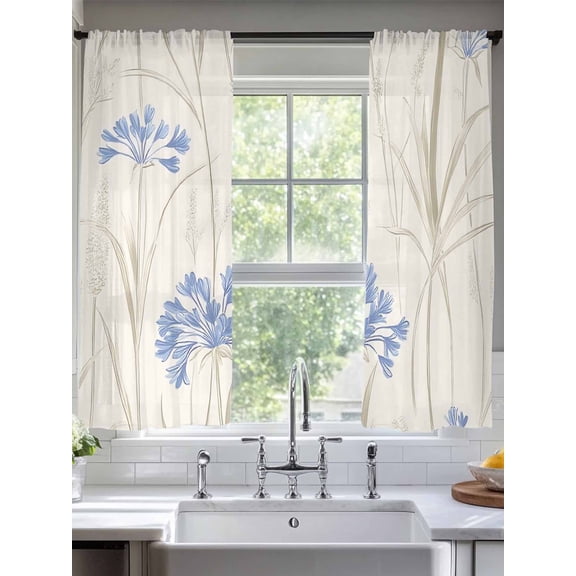 Blue Floral Leaves Sheer Curtains for Living Room Bedroom Beige Farmhouse Botanical Sheer Curtains 63 Inch Long 2 Panels Set Light Filtering Curtain Window Treatments Drapes for Dining Room