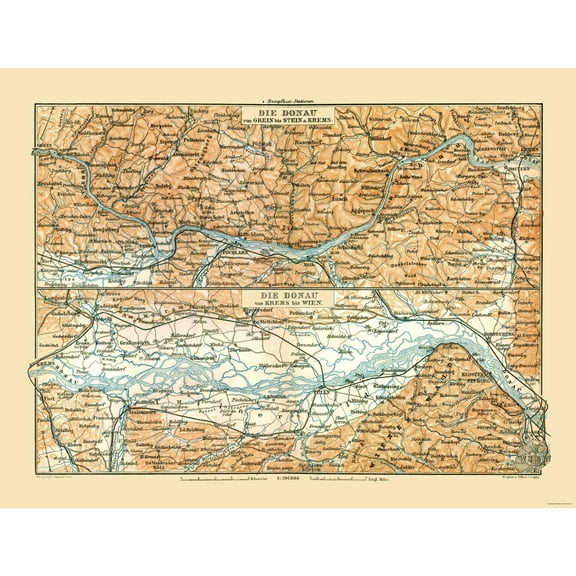 Historic Nautical Map - Danube River Grein Vienna Austria - Baedeker 1896 - 30.08 x 23 - Vintage Wall Art