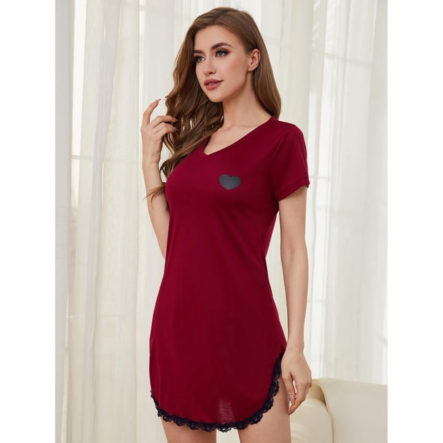Pijama de Mujer de Manga Corta, Color Rojo, Cuello V y Encaje