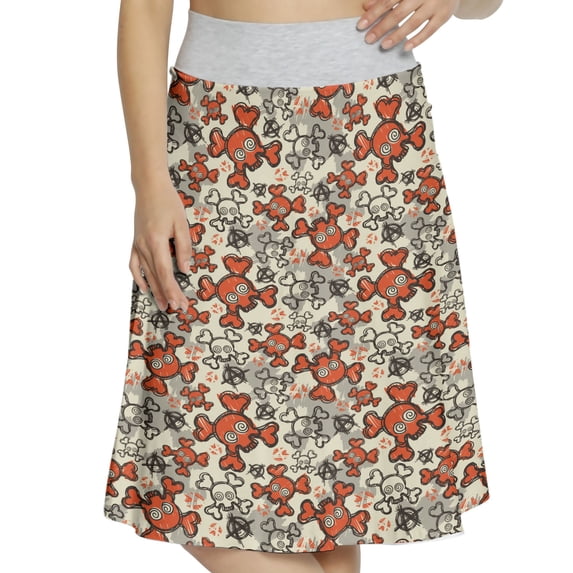 Women's Skull Doodle Style Funny Bones A-line Printed Skirt Casual Wear, 2XL, Vermilion Tan Black, by Ambesonne