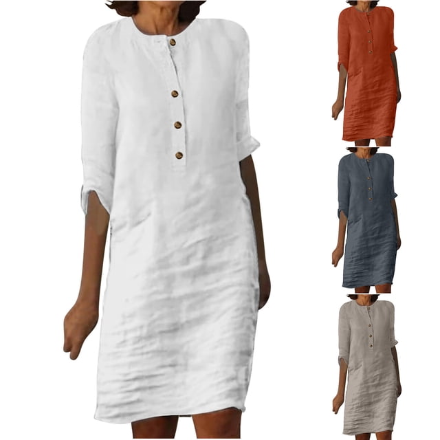 Gspmoly Robe pour Femmes, Robe pour Femmes à Manches 3/4 à Col Rond avec Boutons Longueur Genou, Robes de Soirée pour Femmes jusqu'à 60 % de Rabais