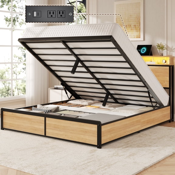 Bolvdo Queen Size Gas Lift Storage Bed Frame with LED Headboard, Metal Bed with Charging Station, Beige