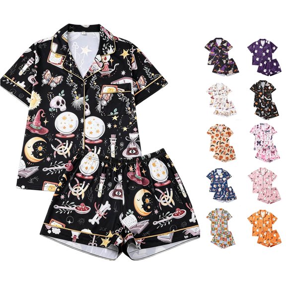 LIIPEE Womens Halloween Graphic Pajamas Short Sleeve Buttons Shirts Shorts Pajama Set Ladies Sleepwear S-XL
