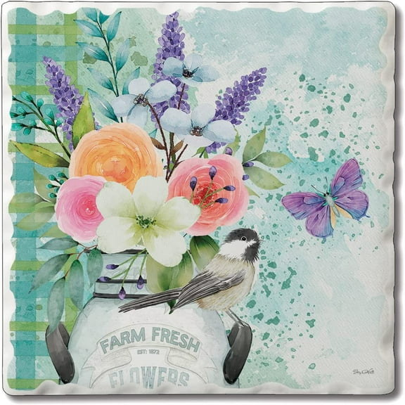 Absorbent Stone Tumbled Tile Coasters, Farm Fresh Flowers, Set of 4