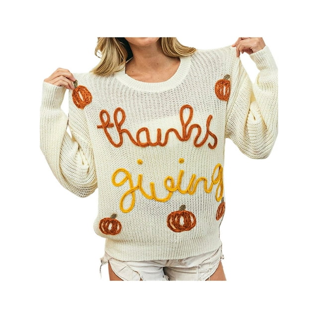 Honganda Pull Ample d'Automne pour Femmes Broderie Lettre Manches Longues Col Rond Tricoté