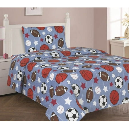 Flat Sheet Bedding GAME DAY Twin Size 3-Piece Kids Printed Microfiber Bedding Sheet Set 1 Flat Sheet, 1 Fitted Sheet, and 1 Pillowcase ()