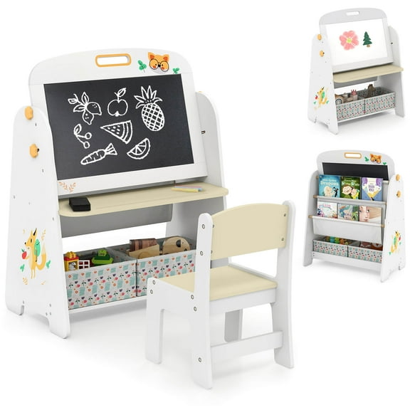 Costway 4-in-1 Kids Table & Chair Set with Magnetic Whiteboard & Blackboard Storage Shelf Natural