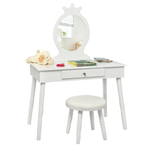 Furnibear Kids Vanity Makeup Table and Chair Set with Mirror Drawer and Stool for Pretend Play Beauty Salon, White