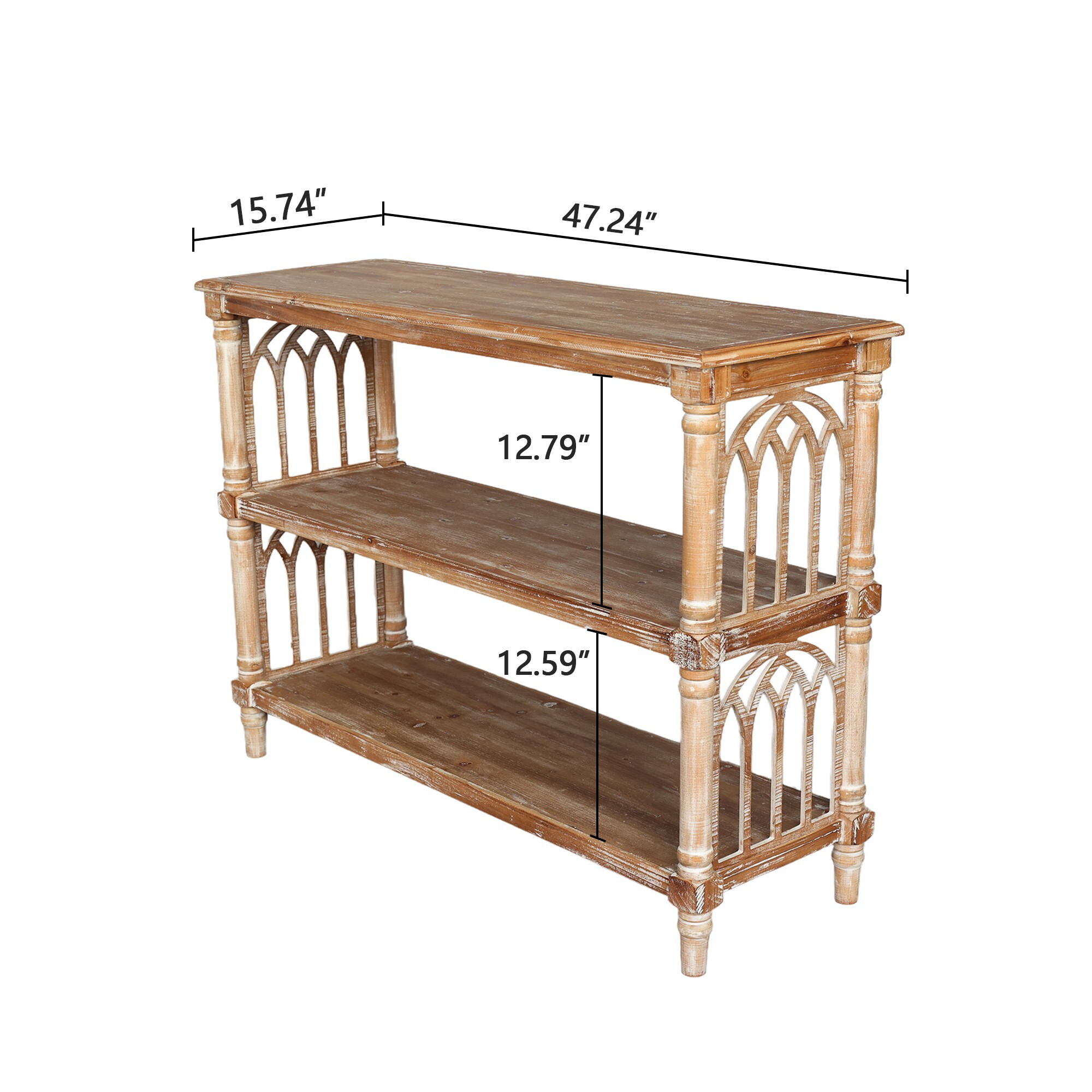 AENKYO 3-Tier Gothic Hallway Console Table, Distressed Finish Entryway Table for Living Room, Antique Natural Color
