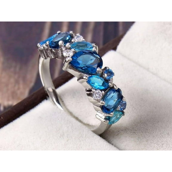Winstonegemsjewels925 Sterling Silver Unique London Blue Topaz Wedding Band Swiss Topaz Moissanite Art Deco Stacking Matching Promise Ring Silver 4