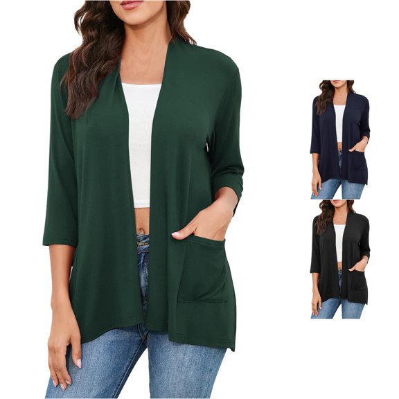 Trendfront Womens Solid Color Cardigan Sweater 3/4 Sleeve Open Front Knit Jacket Casual Lightweight Layering Outerwear With Pockets